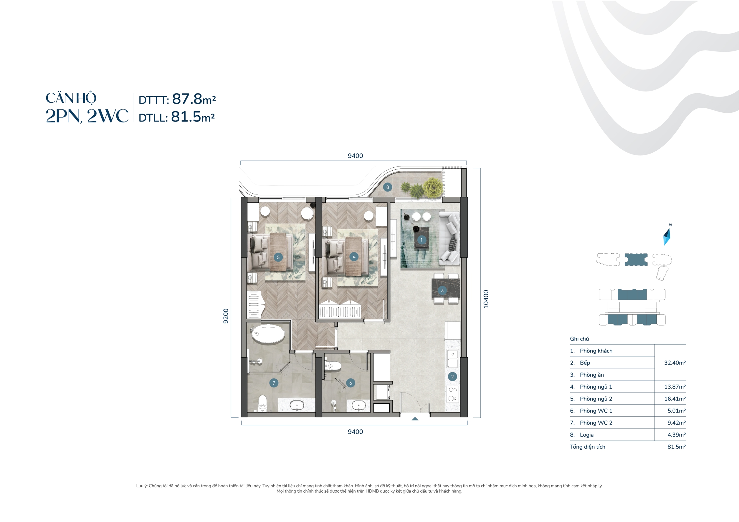 Thiết kế căn 02PN Block Sea của Welltone Luxury Residence