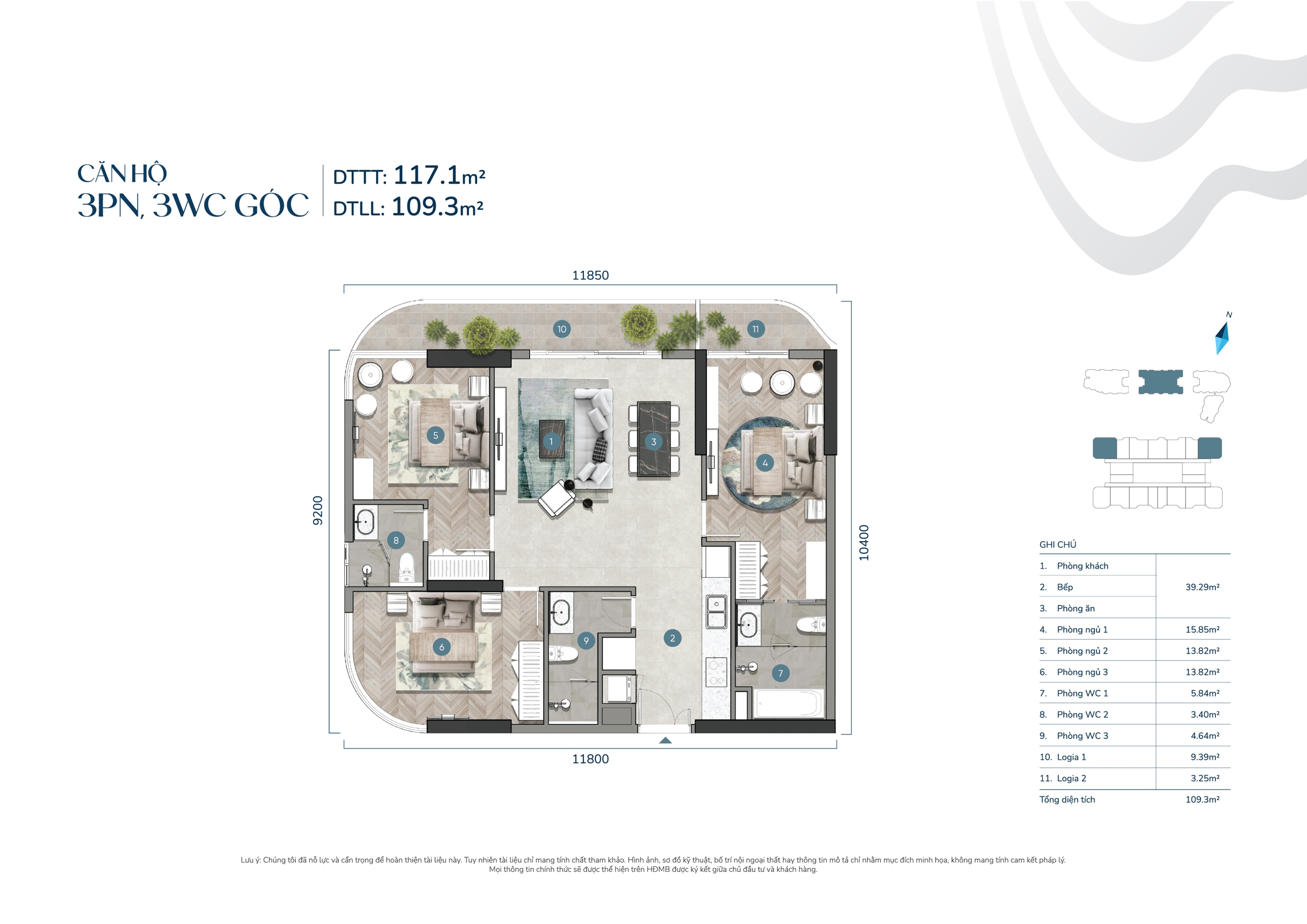 Thiết kế căn 03PN góc Block Sea của Welltone Luxury Residence